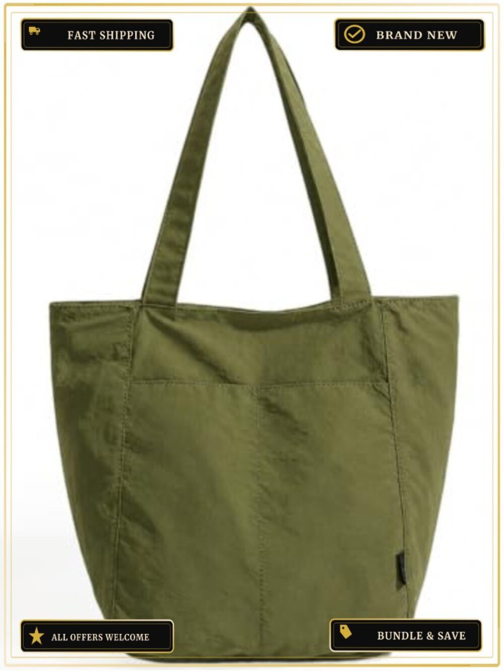 Lightweight Nylon Tote Bag with Zipper, Multiple Pockets, Foldable